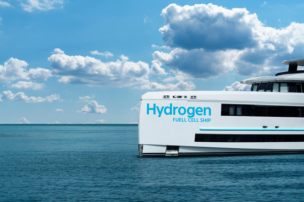 Hydrogen fuel cell ship diving on the calm sea.
