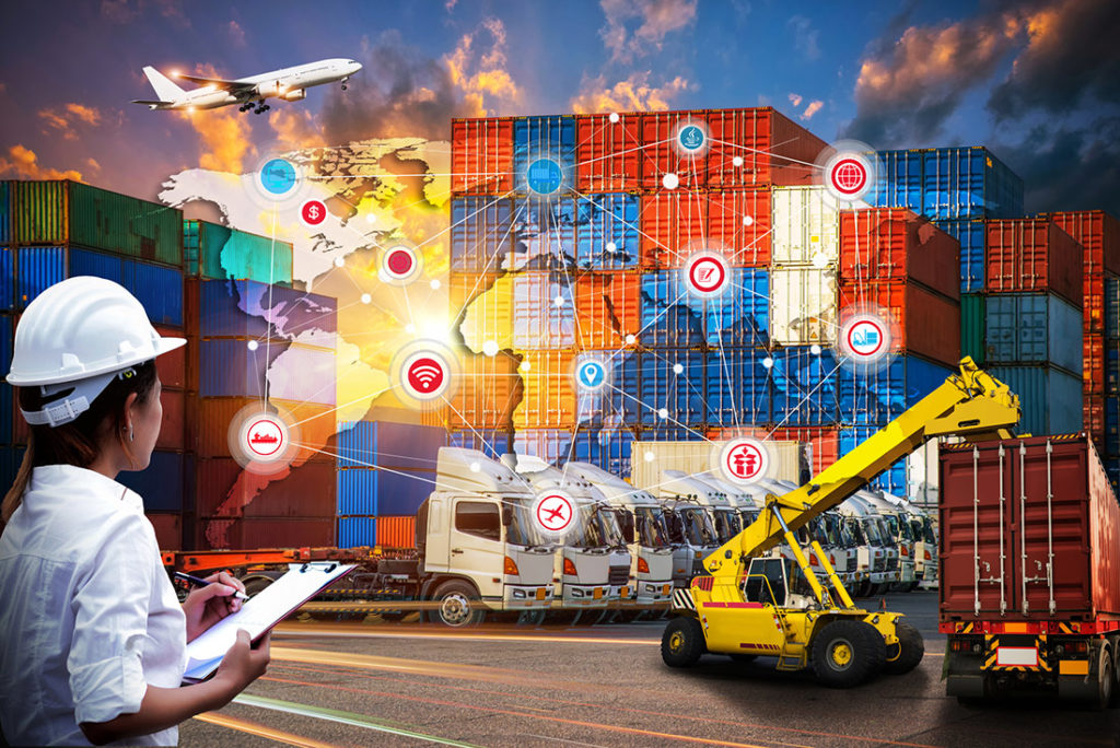 Ilustracja przedstawiająca stosowanie inteligentnej technologii w transporcie międzynarodowym z wykorzystaniem kontenerów, statków, samochodów i samolotów towarowych. 