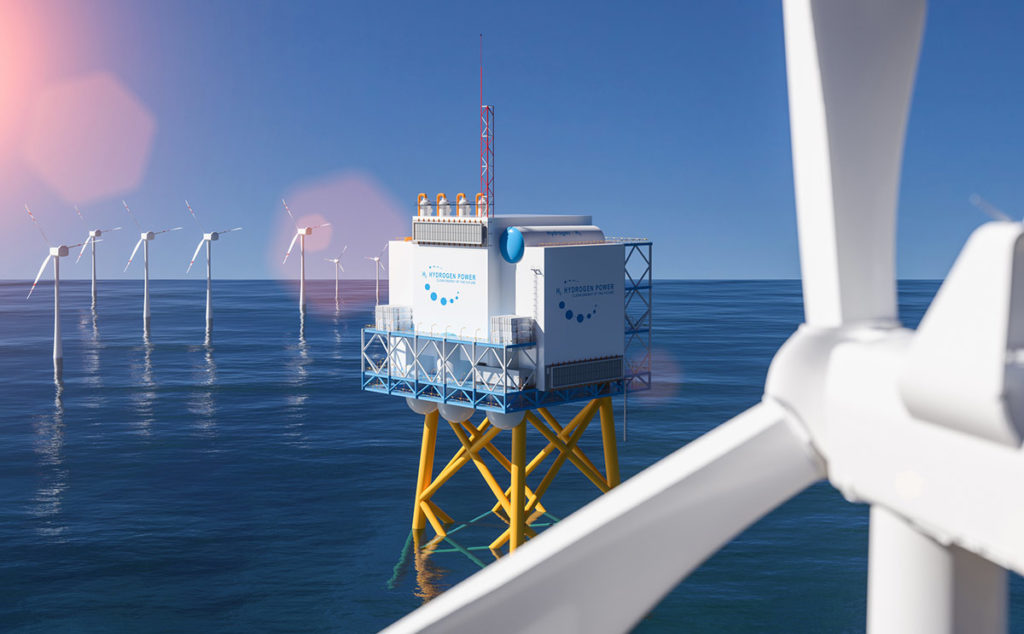 Fonti di energia rinnovabile, turbine eoliche e piattaforma offshore in acqua.