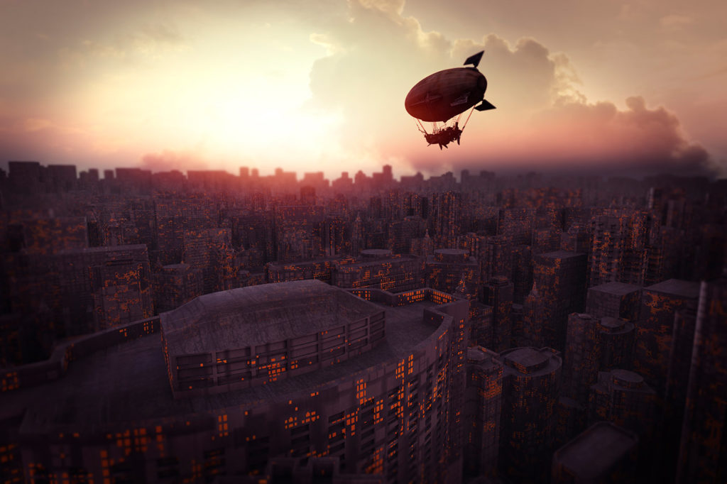 Futuristic airship flying above the modern city.