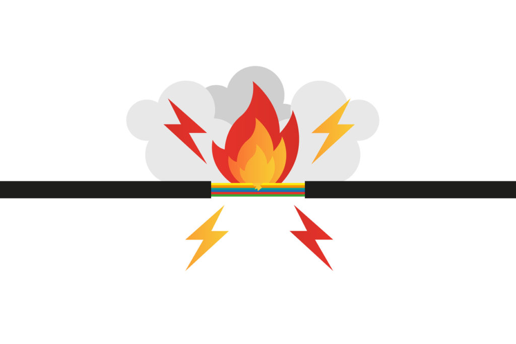 Ein Kabelbruch mit Feuer und Rauch auf weissem Hintergrund. Vektor-Illustration