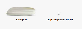 An image showing the difference in size between a grain of rice and chip component 01005.
