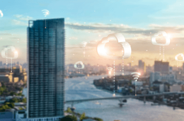 Cloud computing and social network, cloud computing icon and wireless connection to cloud data technology global network on smart city background.