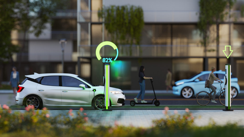 Ett elfordon vid en kommunal laddstation. Laddstationen och konceptbilarna är alla 3D-skapade.