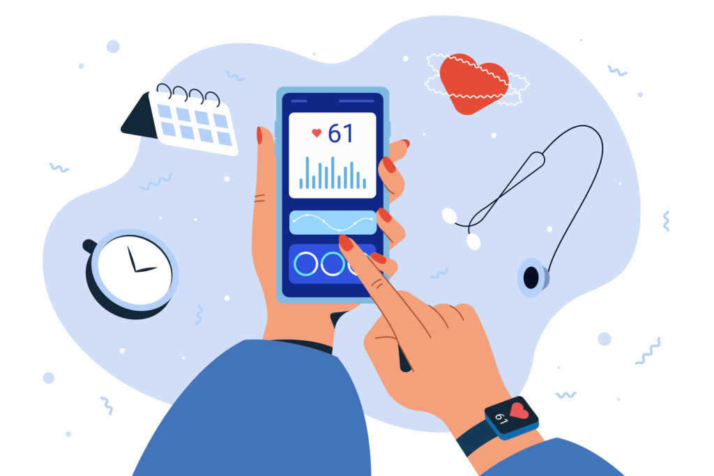 Überwachung der Herzfrequenz mithilfe der Smartwatch und der Fitness-App auf dem Smartphone.