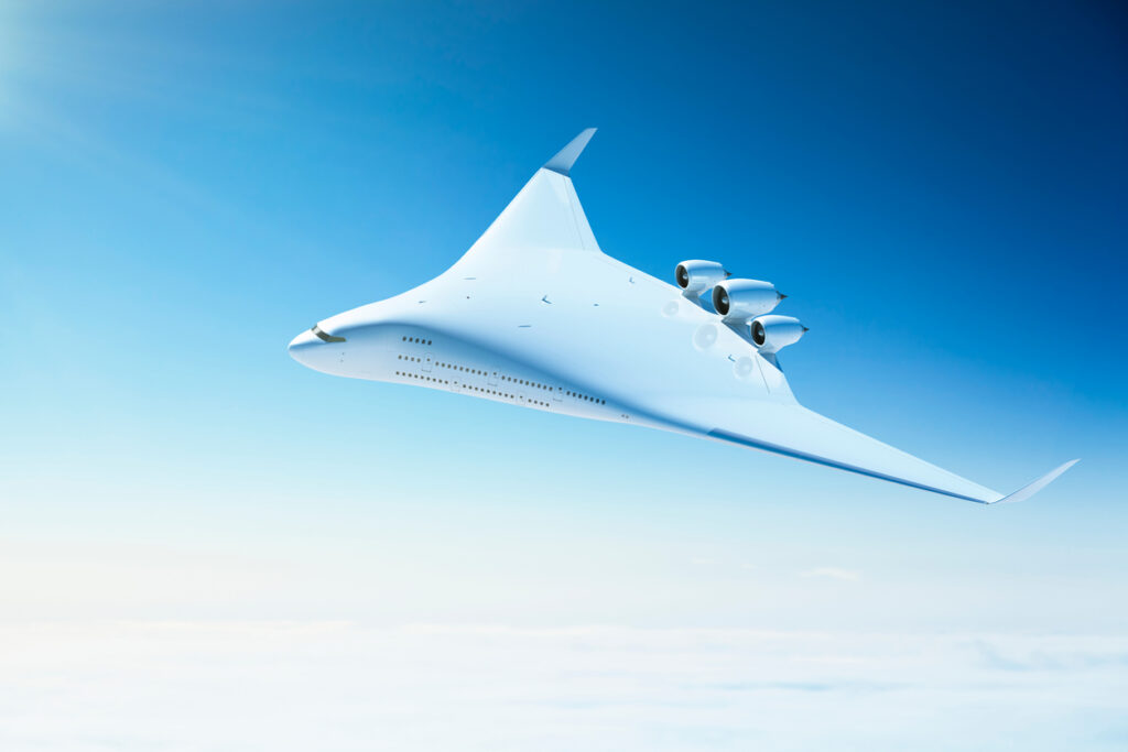 Futurisztikus megjelenésű légi utazás.