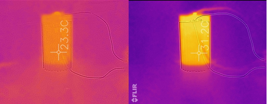 Vänster: lysdiod Powerstar, kylelement och inget värmeledande material.  Höger: lysdiod Powerstar, kylelement och värmeledande material.